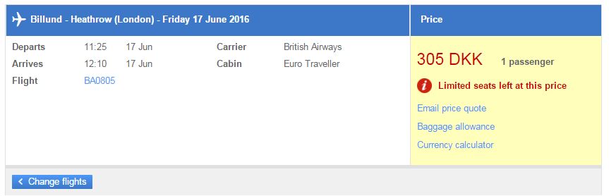 British Airways enkeltrejse priser fra Billund til London - 