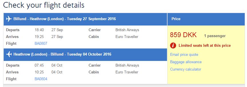 British Airways returrejse priser fra Billund til London: