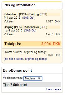 Prisen for en tur/retur fra København til Beijing i april 2016.