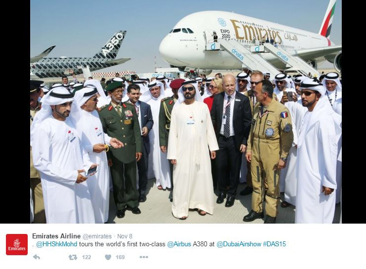 Tweet fra Emirates, hvor flyet vises frem til His Highness Sheikh Mohammed bin Rashid Al Maktoum.