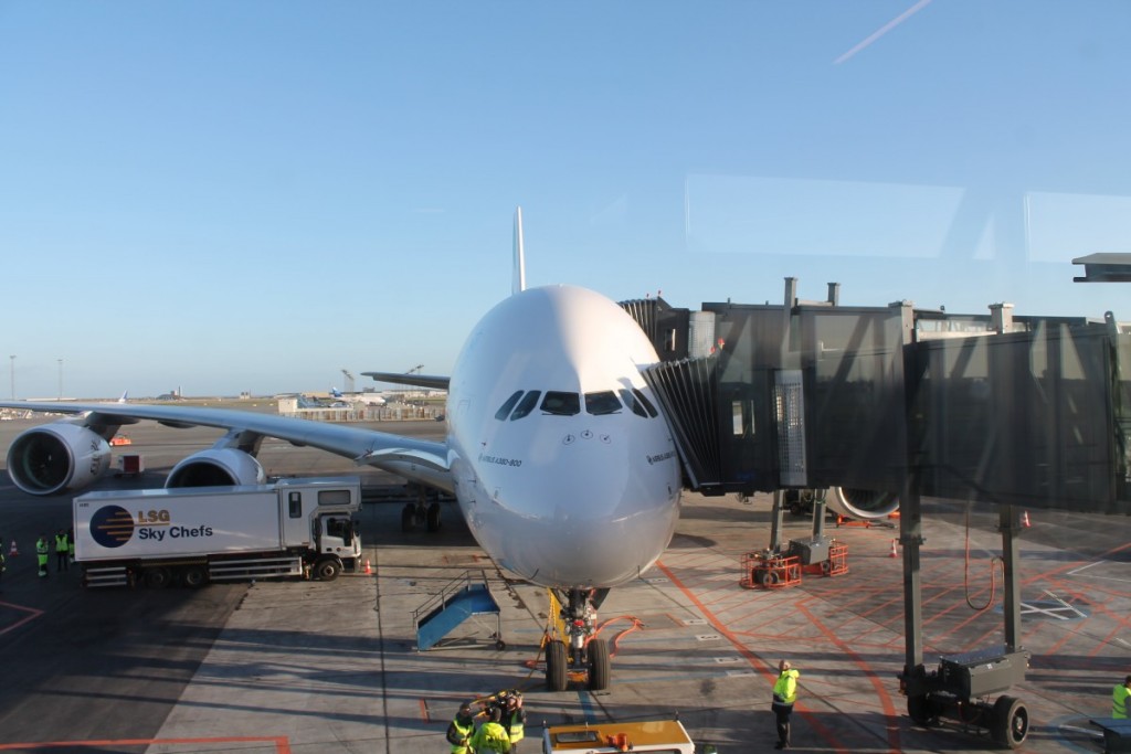 Emirates A380 ved den nybyggede gate i København.