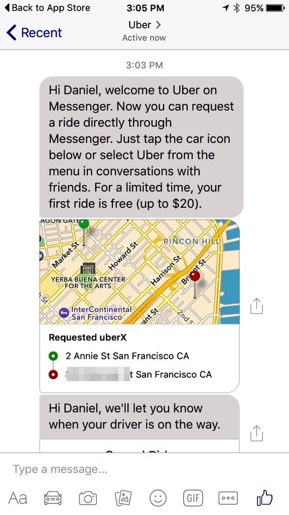 Få 20,- dollars rabat når du bestiller en Uber bil via Facebook Messenger