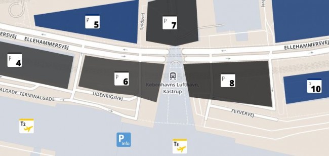 Oversigt over parkeringspladserne omkring terminal 2 og terminal 3.
