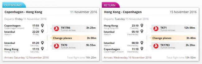 Rejseplanen for turen til Hong Kong.