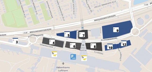 Oversigt over parkeringspladserne i Københavns Lufthavn. Kun pladserne P4 og P9 giver 20% rabat som CPH Advantage medlem.