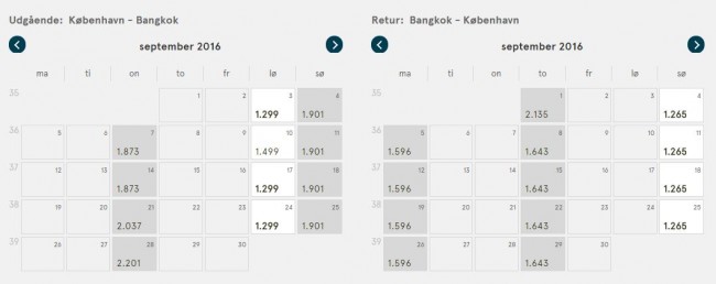 Norwegians Lavpriskalender for rejser til Bangkok fra København i september 2016.