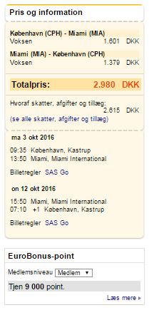 Eksempel på en billig tur til Miami direkte fra København for kun 2980,- med SAS.