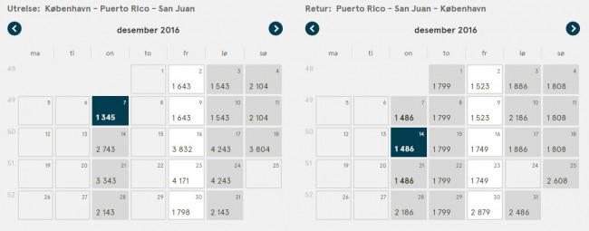 Priser til Puerto Rico - San Juan fra København til under 2300,- danske kroner (priserne fundet den 14/3-2016).