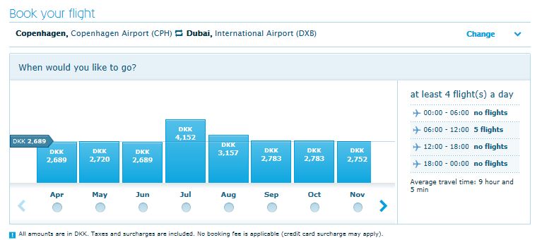 Overblik over priserne fra København til Dubai med KLM.
