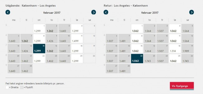 Eksempel på priser fra København til Los Angeles i februar måned 2017.