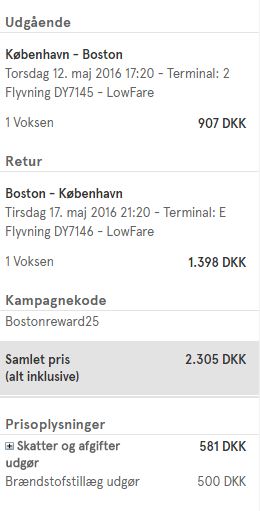 Eksempel på rejse til Boston fra København til godt 2300 kroner.