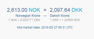 Konvertering fra NOK til DKK. Kursen taget 27. maj 2016.