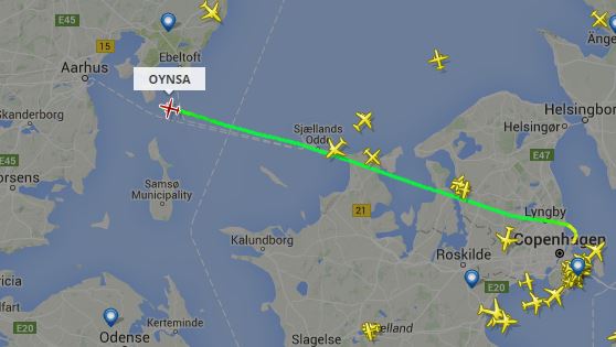 Min rute på vejen fra København til Aarhus. (kilde: Flightradar)