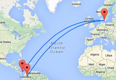Oversigt over hvor Panama og Colombia er i forhold til København. Begge rejseeksempler er minimum via Istanbul.