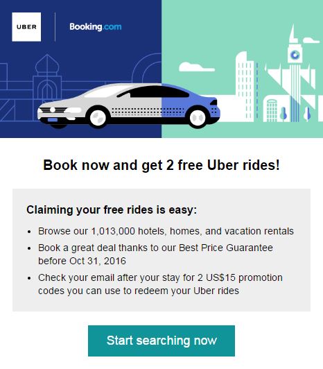 Booking.com giver nu 2 stk. gratis 15,- dollars Uber vouchers for en overnatning.
