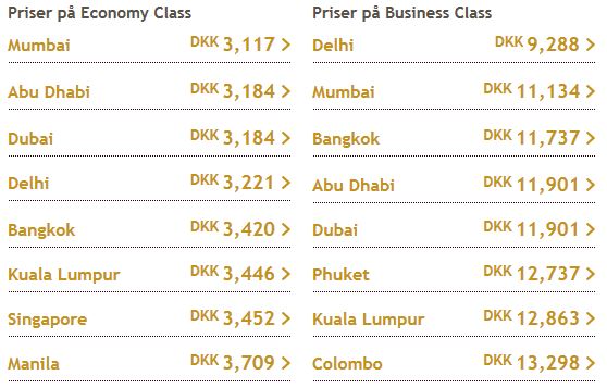 Eksempler på priser i økonomi og Business Class i Etihad's globale udsalg.