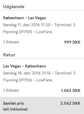 Priseksempel på en returbillet til Las Vegas fra København i december måned 2016.