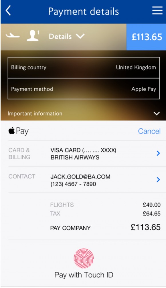 Sådan ser den nye funktion med betaling via Apple Pay ud i den nyeste version af British Airways app'en.