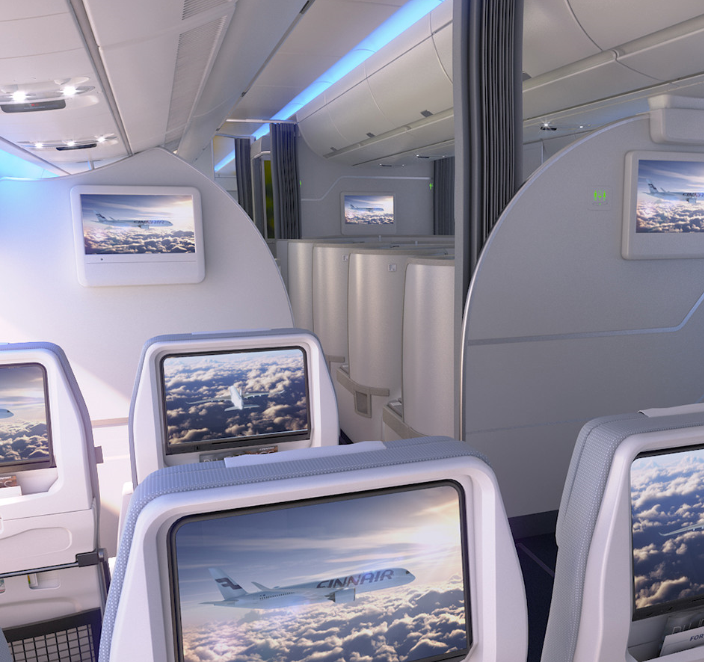 Et kig fra økonomi kabinen og ind i Business Class kabinen på Finnair's Airbus A350.