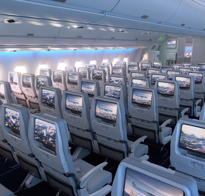 Et kig på økonomi kabinen på Finnair's Airbus A350.