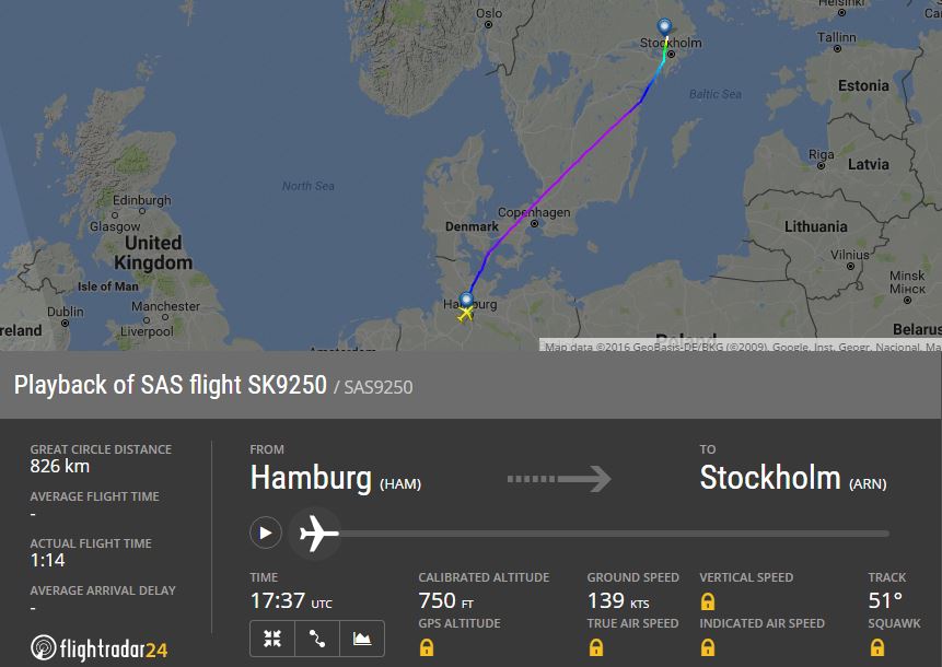 Det var denne rute den nye SAS Airbus A320neo fløj fredag aften på sin vej fra Airbus i Hamborg og til Stockholm.