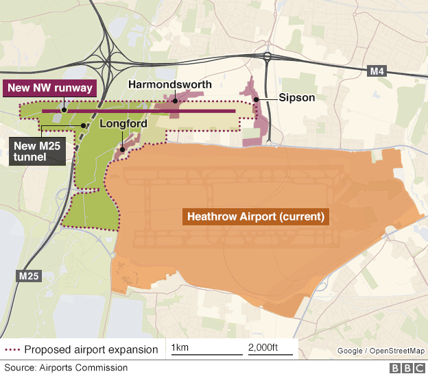 Her kan du se hvordan det planlægges at lufthavnen skal se ud. Det orange område er den eksisterende del, og det grønne bliver det nye lufthavnsareal.