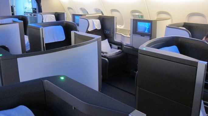 British Airways og deres Club World kabine (Business Class) ombord på deres Airbus A380.