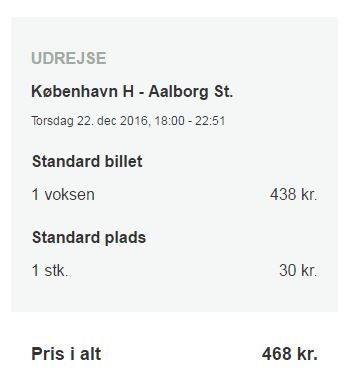 Pris fra København til Aalborg med DSB den 22. december 2016.