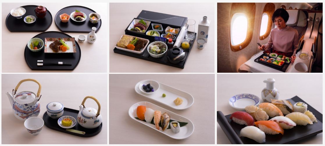 Et udvalg af de nye japanske menuer som Emirates nu tilbyder mellem Dubai og Japan.
