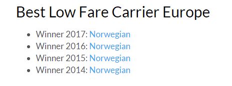 Norwegian vinder for 4. år i træk som bedste Europæiske lavprisselskab af Airlineratings.com
