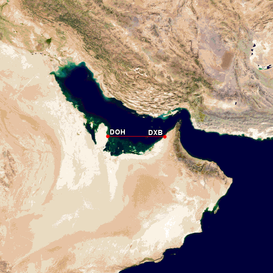 Kort over ruten DXB-DOH (lavet med gcmap.com)