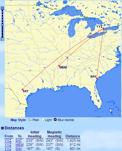 Ruteroversigt over de 3 nye Air Canada ruter fra Toronto (kilde gcmap.com).