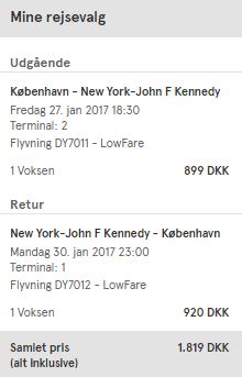 Eksempel på en returbillet i januar 2017 med Norwegian og deres billigste billettype LowFare.