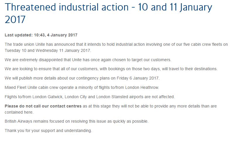 Strejkevarsel fra fagforeningen Unite den 10. og 11. januar 2017.