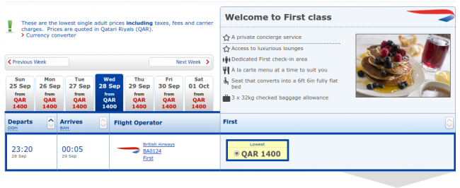 For omkring 2.500,- kroner får du lov til at prøve British Airways og deres første klasse fra Doha til Bahrain.